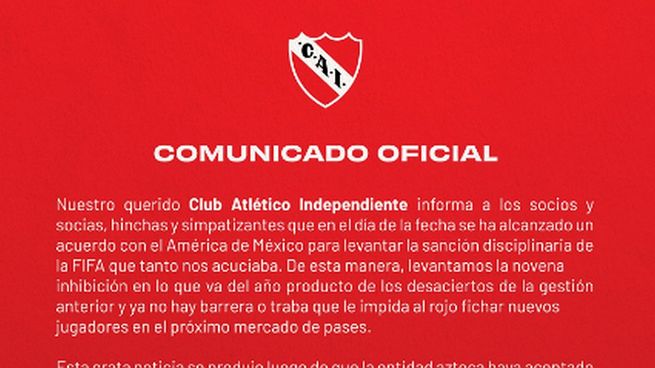  Independiente podrá sumar refuerzos tras llegar a un acuerdo con el América de México
 